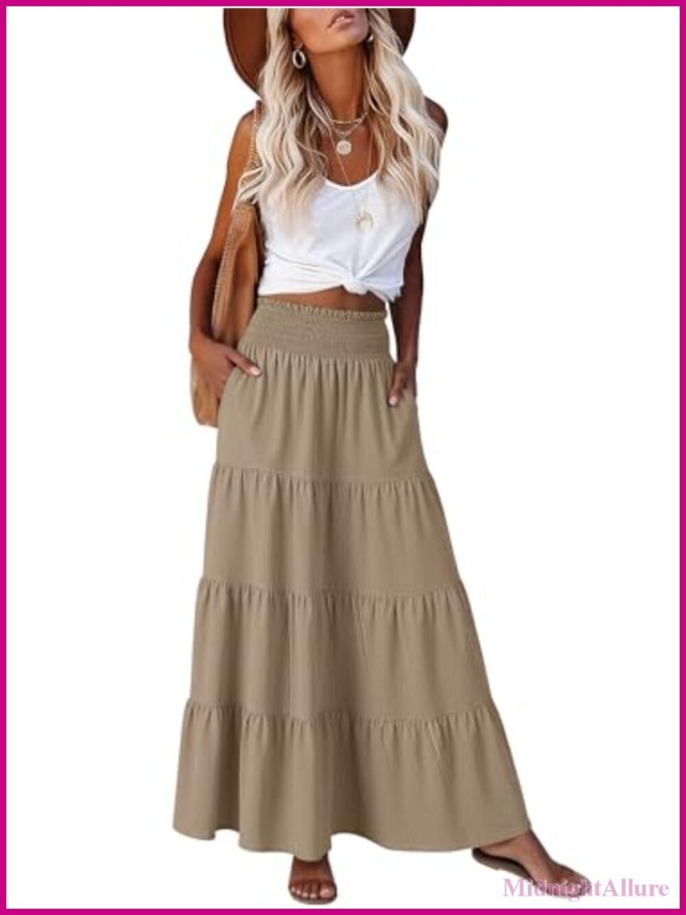 Elastic High Waist A-Line Tiered Maxi Skirt with Pockets